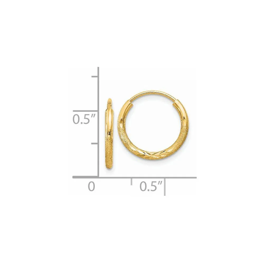 1.5mm x 15mm 14k Yellow Gold Satin Diamond-Cut Endless Hoop Earrings