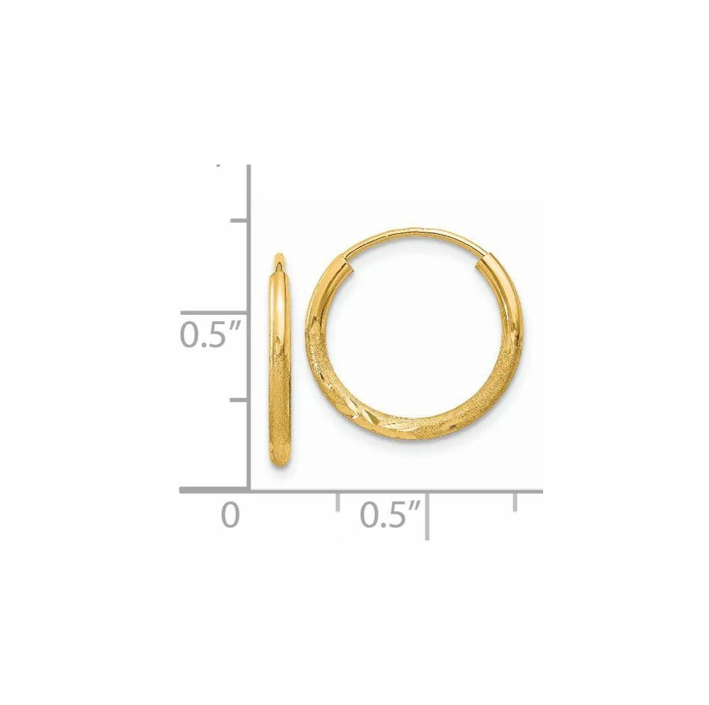 1.5mm x 17mm 14k Yellow Gold Satin Diamond-Cut Endless Hoop Earrings