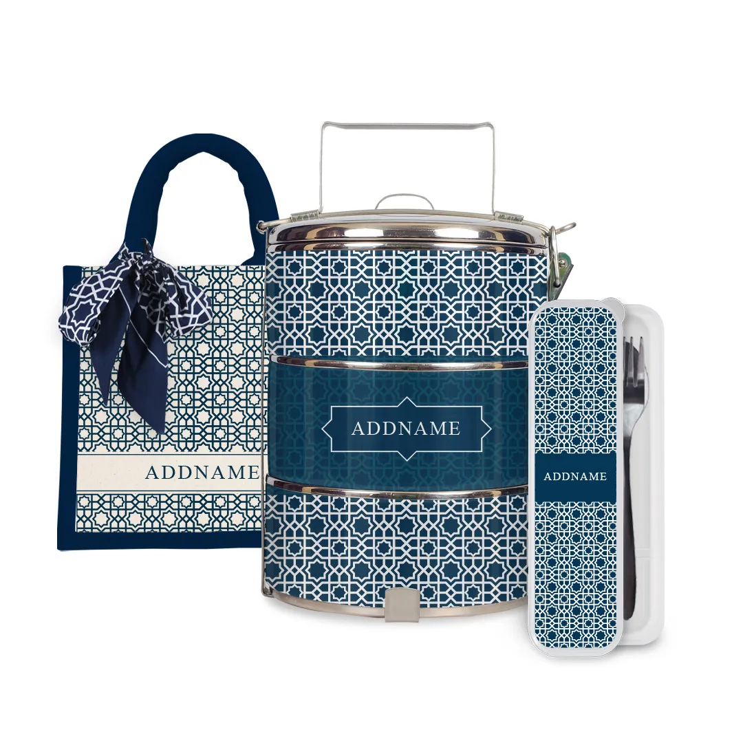 Annas Series - Prussian Blue Half Lining Lunch Bag, Tiffin Carrier and Cutlery Set