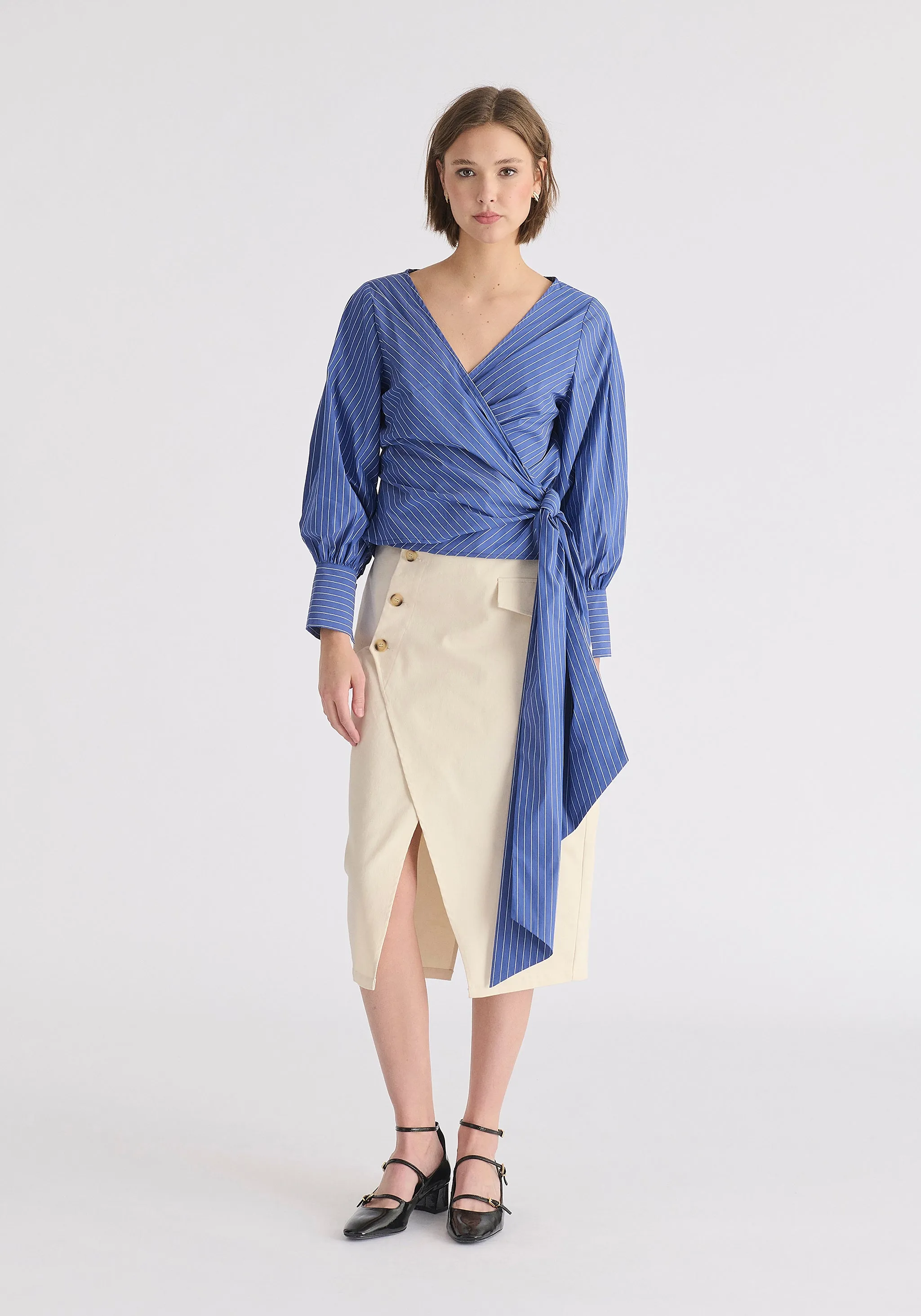 Asymmetric Midi Skirt with Button Details