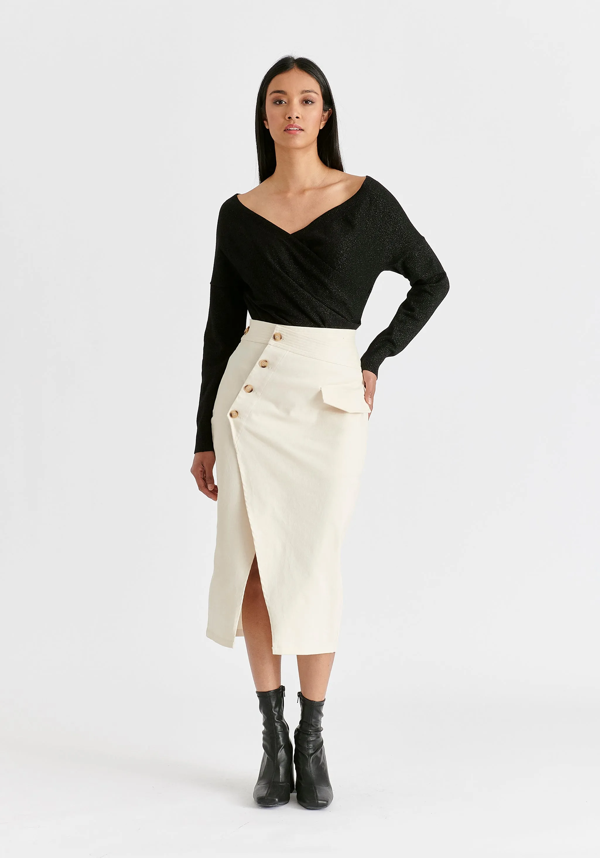 Asymmetric Midi Skirt with Button Details