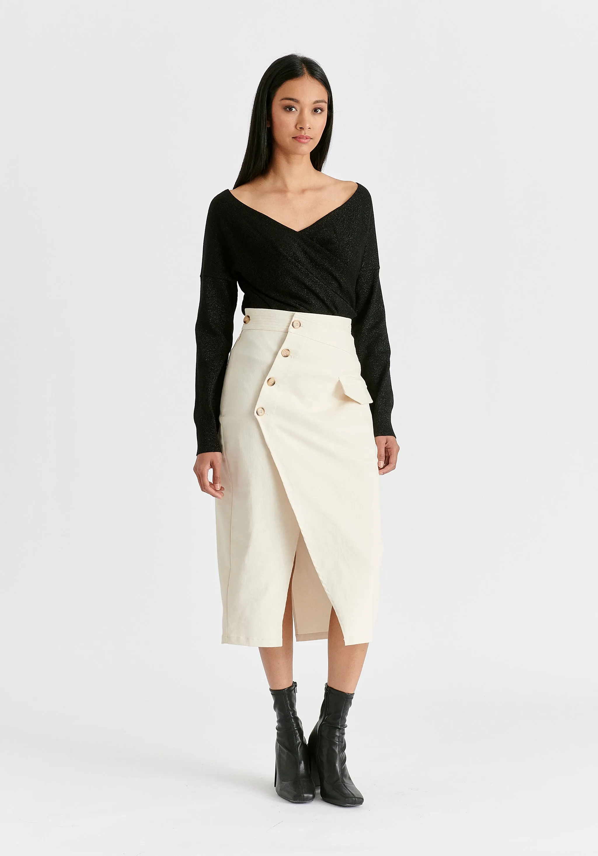 Asymmetric Midi Skirt with Button Details