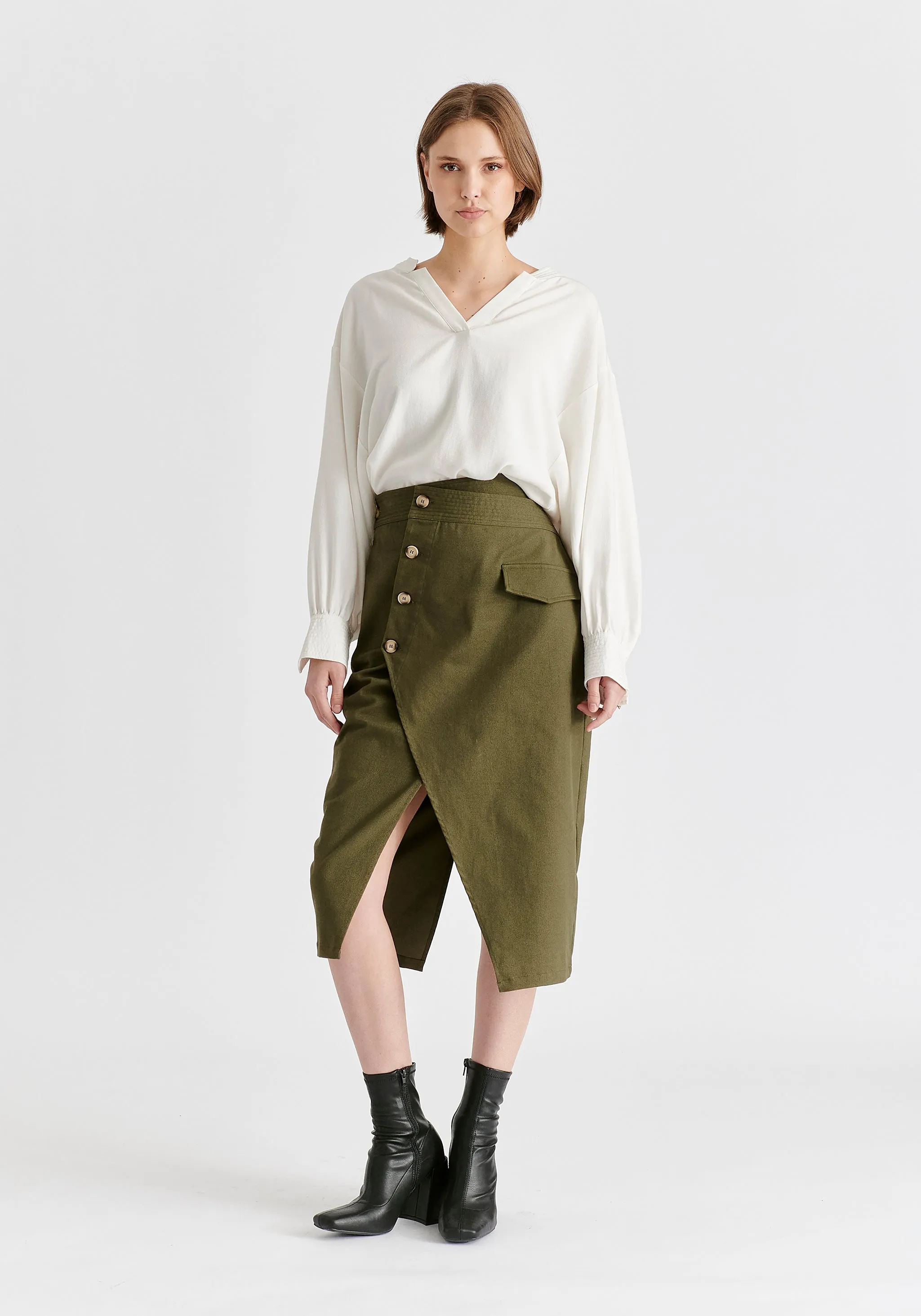 Asymmetric Midi Skirt with Button Details