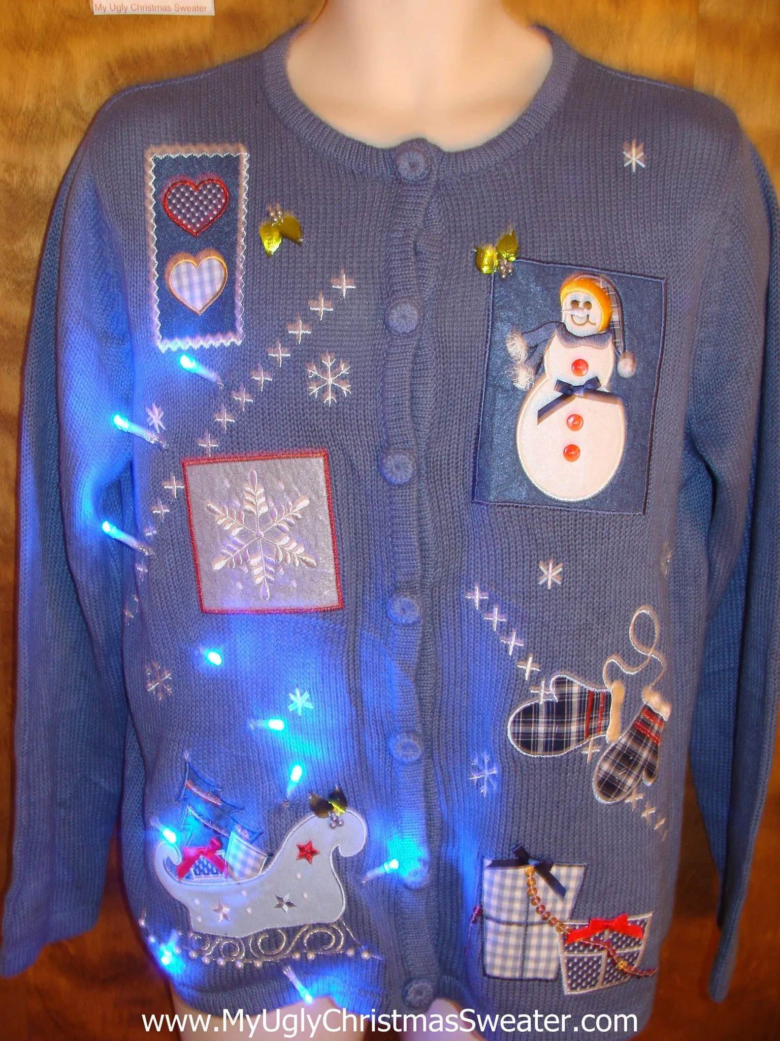 Baby Blue Cute Christmas Sweater with Snowman and Lights