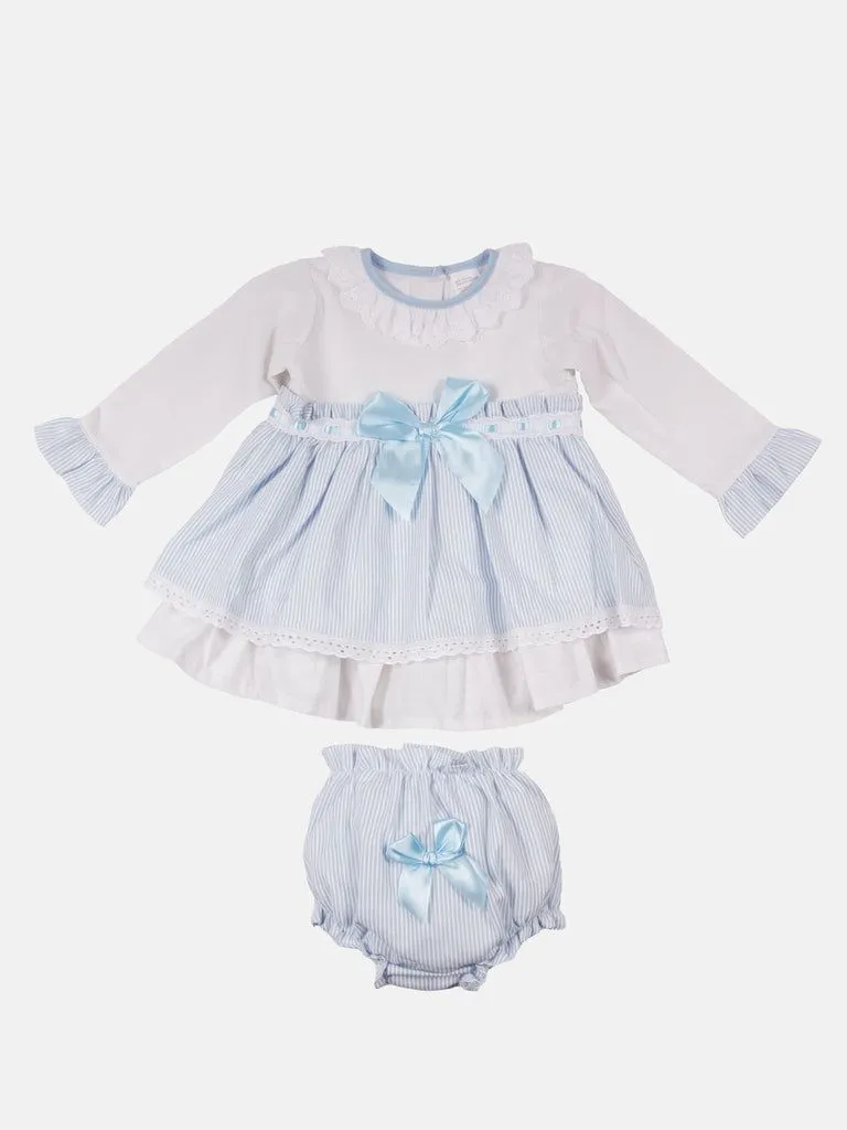 Baby Girl Eva Stripped Dress With Bow and Knickers - Baby Blue