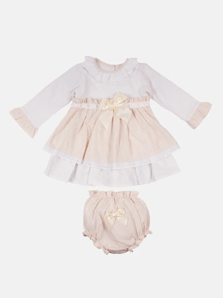 Baby Girl Eva Stripped Dress With Bow and Knickers - Beige