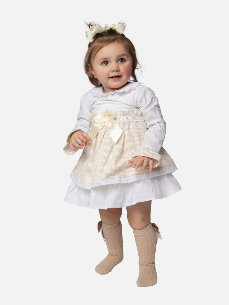 Baby Girl Eva Stripped Dress With Bow and Knickers - Beige