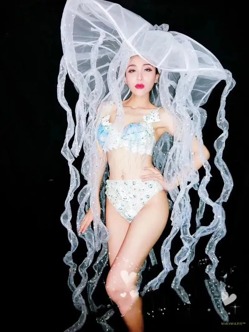 bar GOGO stage DS set Performance costume LED luminous jellyfish hat luminous bikini set