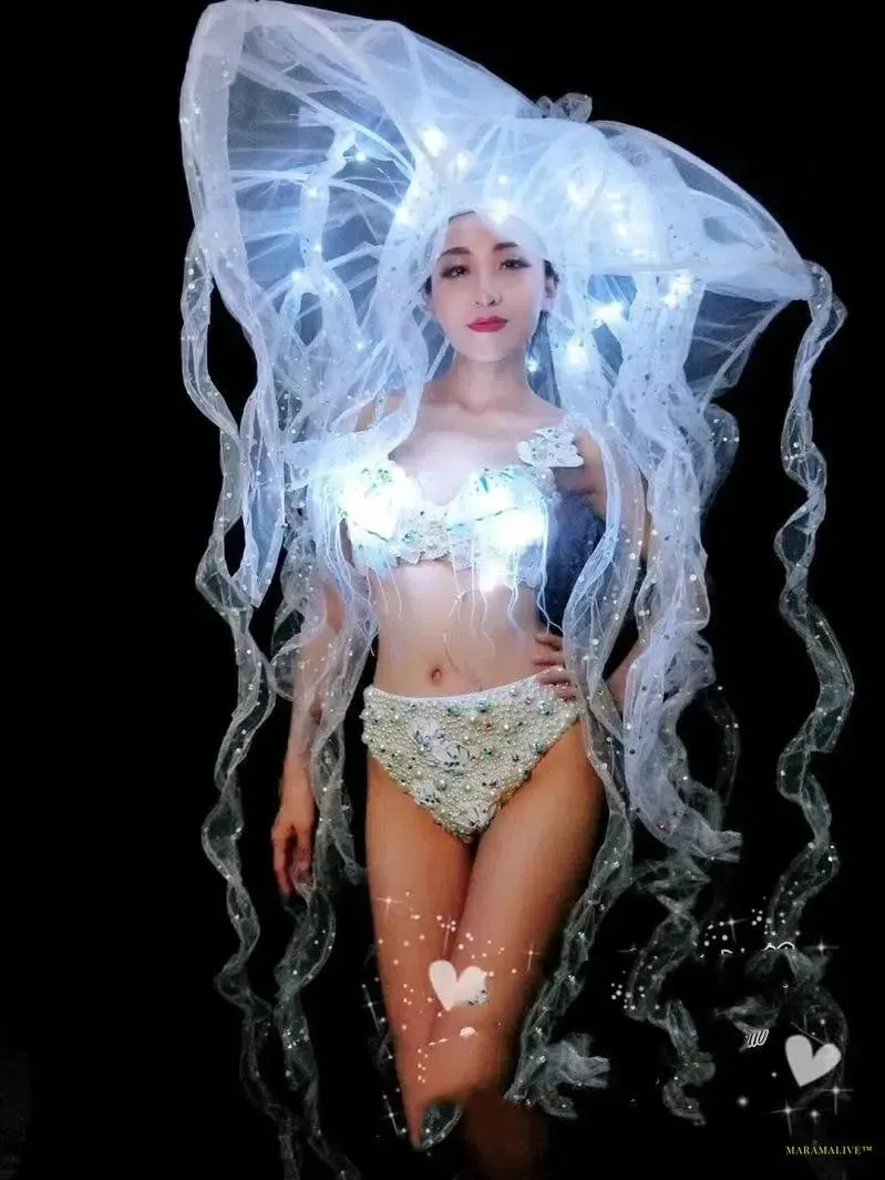 bar GOGO stage DS set Performance costume LED luminous jellyfish hat luminous bikini set