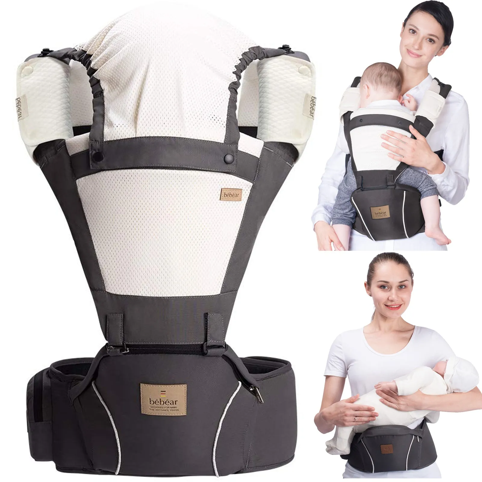 Bebamour Baby Carrier Front and Back Carry Baby Newborns to Toddler Baby Hip Carrier with 3 Pieces Teething Pads