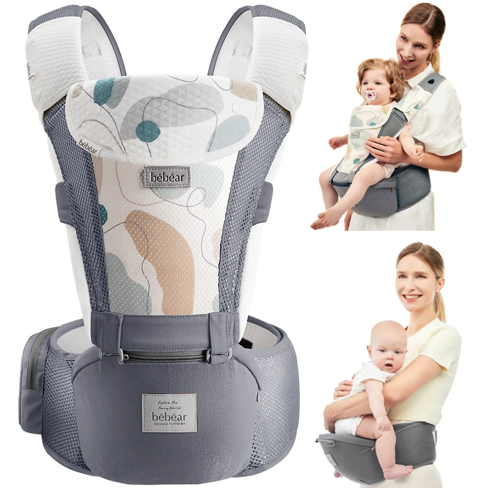 Bebamour Baby Carrier Front and Back Carry Baby Newborns to Toddler Baby Hip Carrier with 3 Pieces Teething Pads