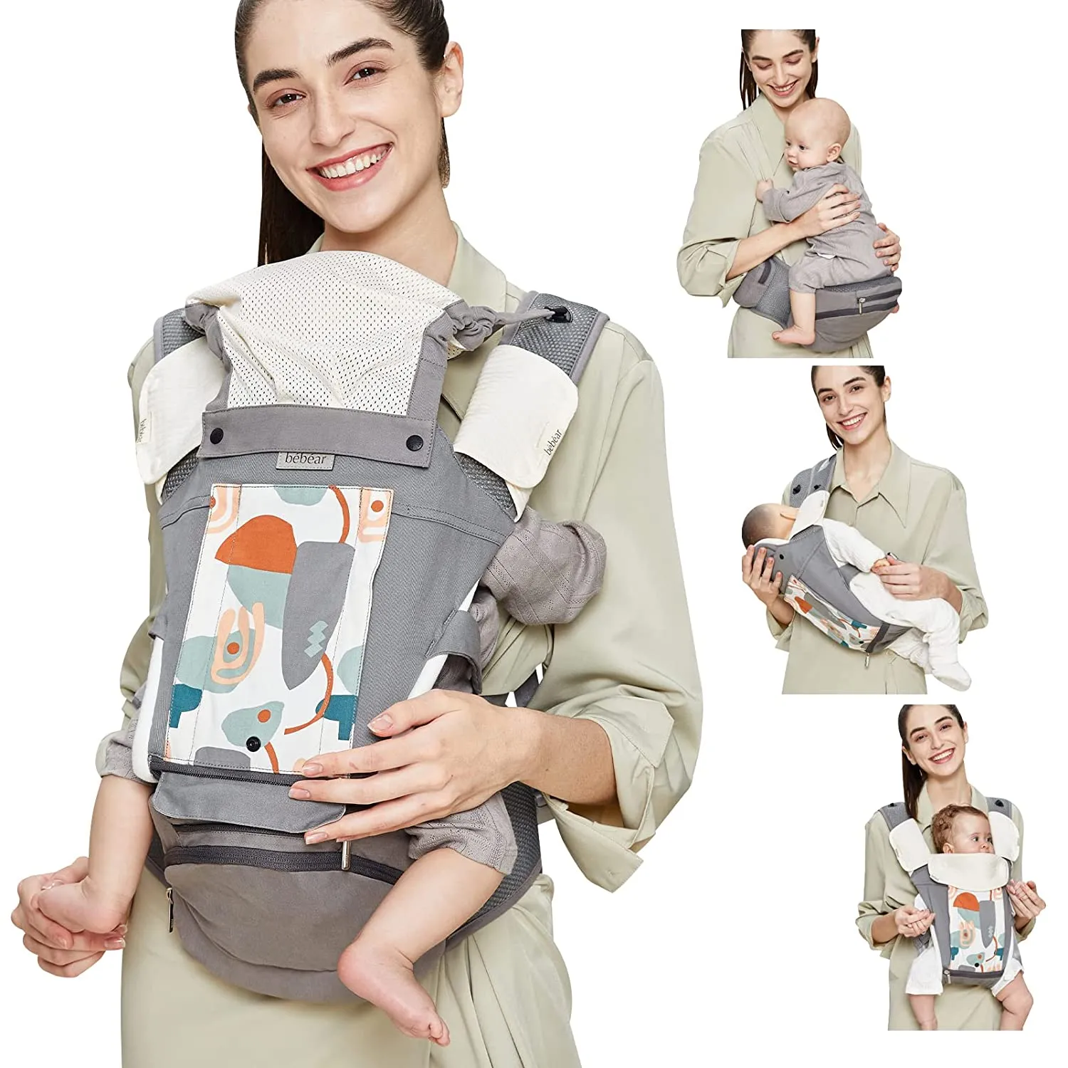 Bebamour Baby Carrier Front and Back Carry Baby Newborns to Toddler Baby Hip Carrier with 3 Pieces Teething Pads