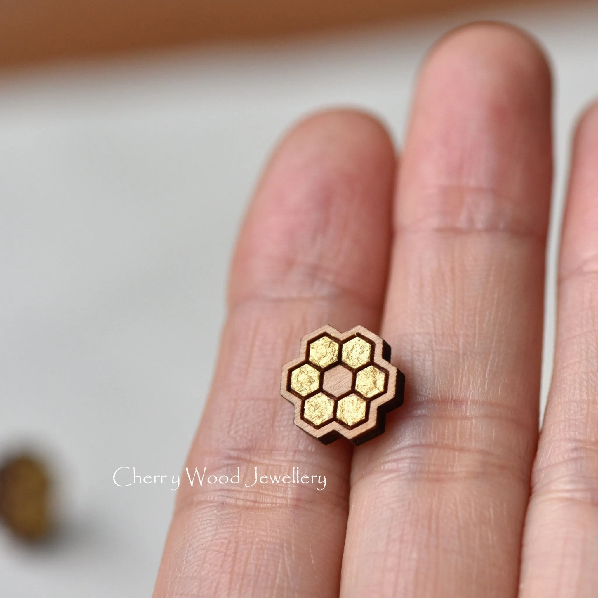 Bee Hive Cherry Wood Stud Earrings - PEO14060