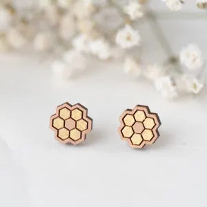 Bee Hive Cherry Wood Stud Earrings - PEO14060