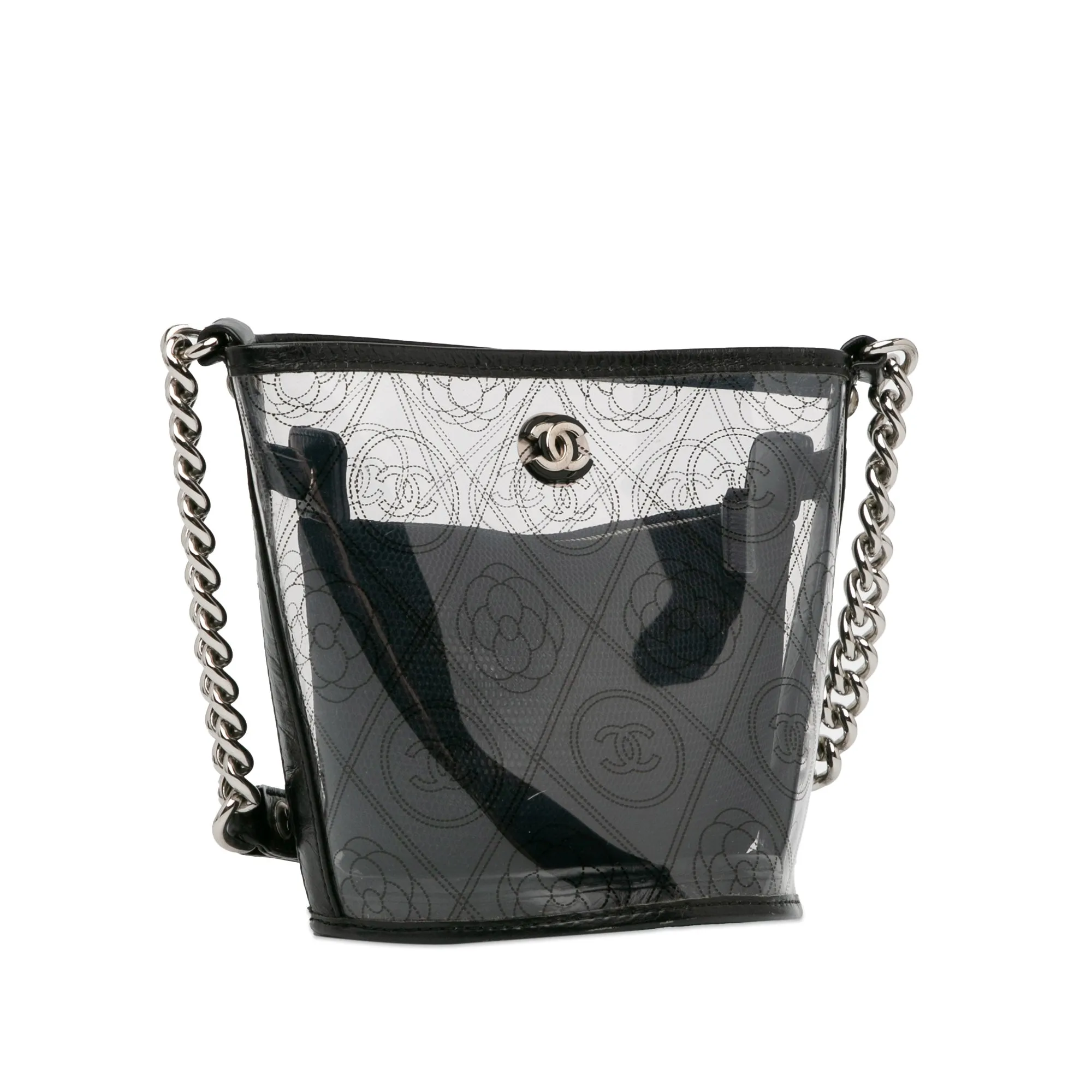 Black Chanel Crumpled Calfskin PVC Camellia Bucket