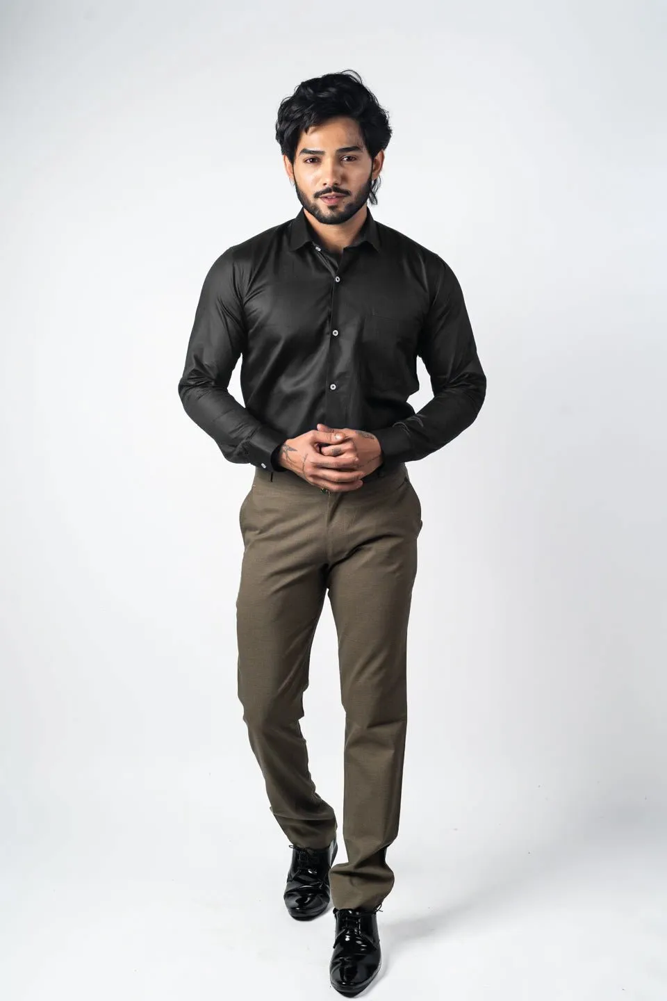 Black Color Micro Checks Texture Satin Cotton Shirt For Men