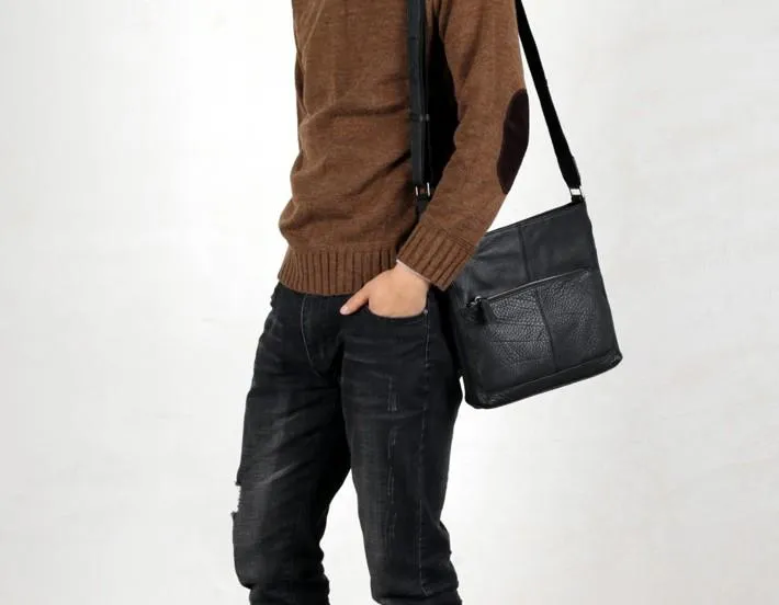 Black Leather Mens Cool Messenger Bag Shoulder Bag for men