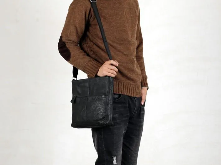 Black Leather Mens Cool Messenger Bag Shoulder Bag for men