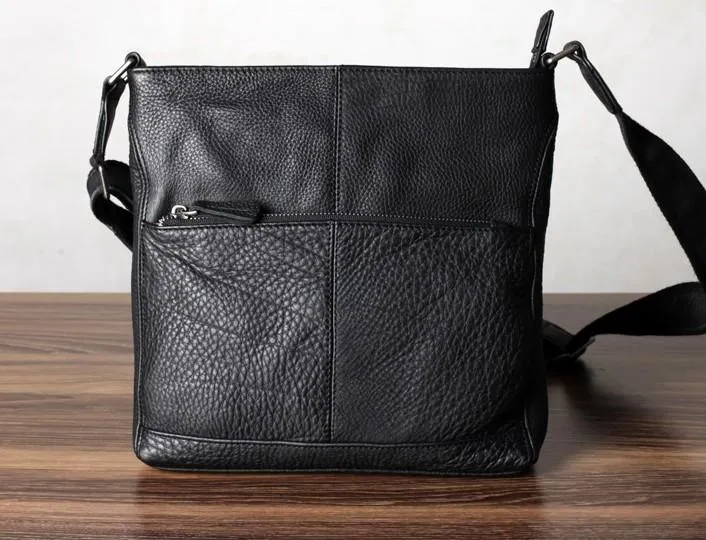 Black Leather Mens Cool Messenger Bag Shoulder Bag for men