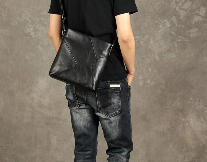 Black Leather Mens Cool Messenger Bag Small Shoulder Bag for men