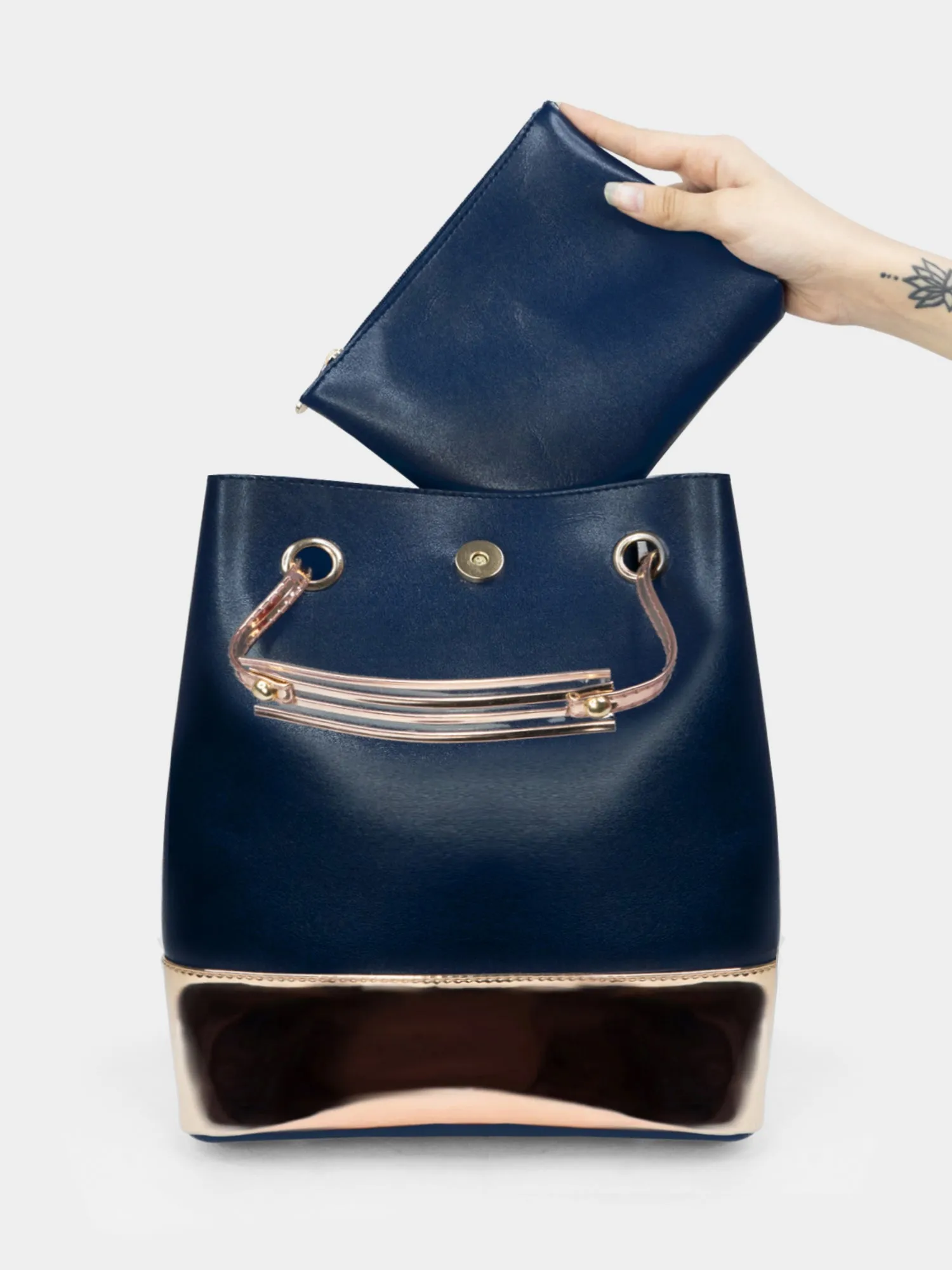 Blue & Rosegold Drawstring Bucket Bag | Modern Myth