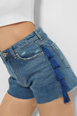 Blue Tassel Side Details Denim Hotpants