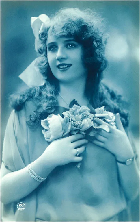 BW-41 Woman with Ringlets and Roses - Vintage Image