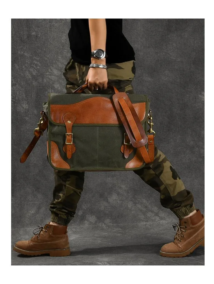 Canvas Leather Mens 14‘’ Army Green Briefcase Side Bag Retro Messenger Bag Shoulder Bag For Men