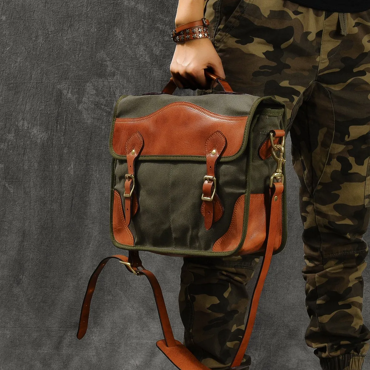 Canvas Leather Mens 14‘’ Army Green Briefcase Side Bag Retro Messenger Bag Shoulder Bag For Men