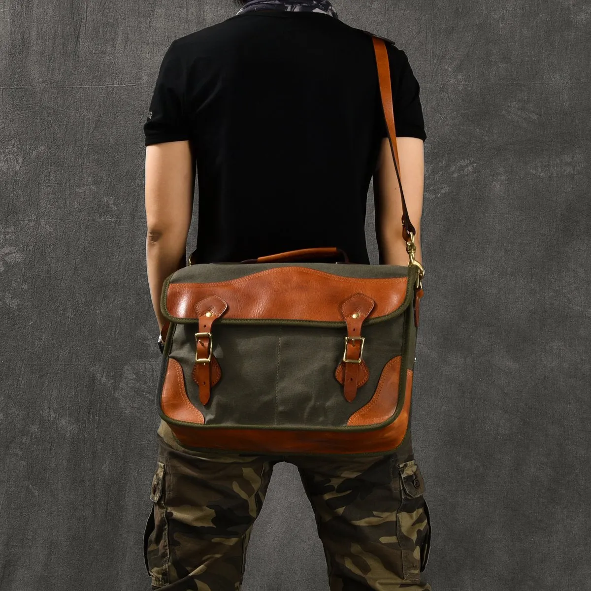 Canvas Leather Mens 14‘’ Army Green Briefcase Side Bag Retro Messenger Bag Shoulder Bag For Men