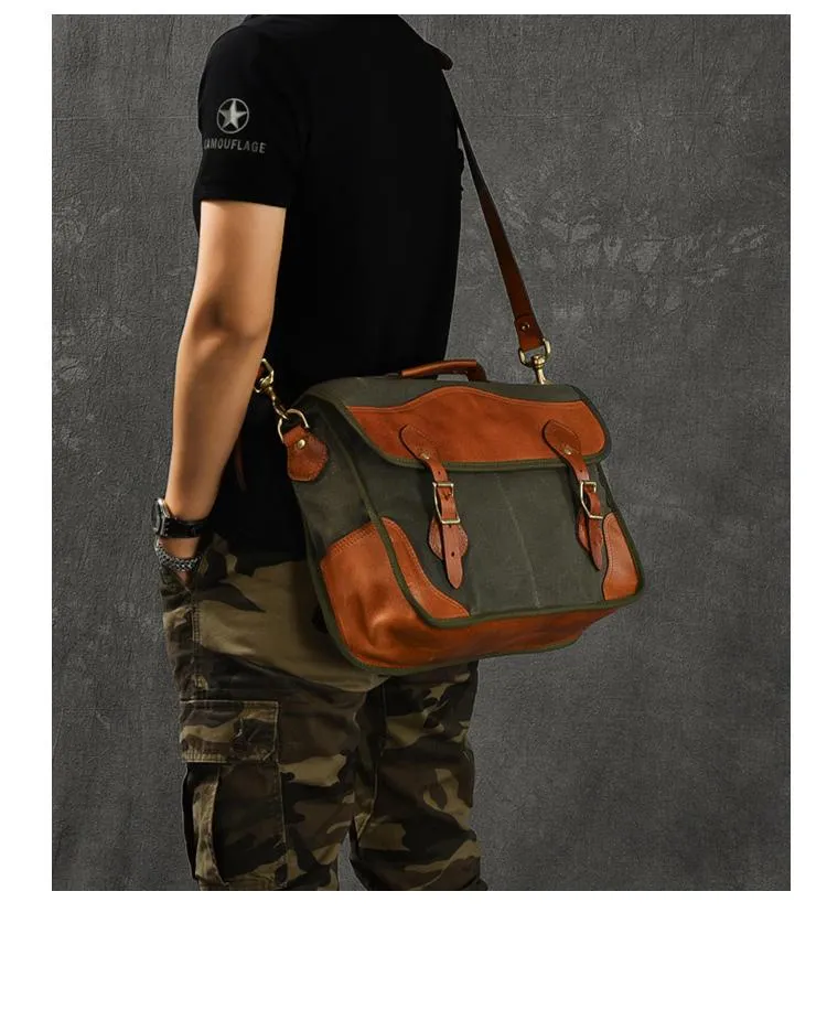 Canvas Leather Mens 14‘’ Army Green Briefcase Side Bag Retro Messenger Bag Shoulder Bag For Men