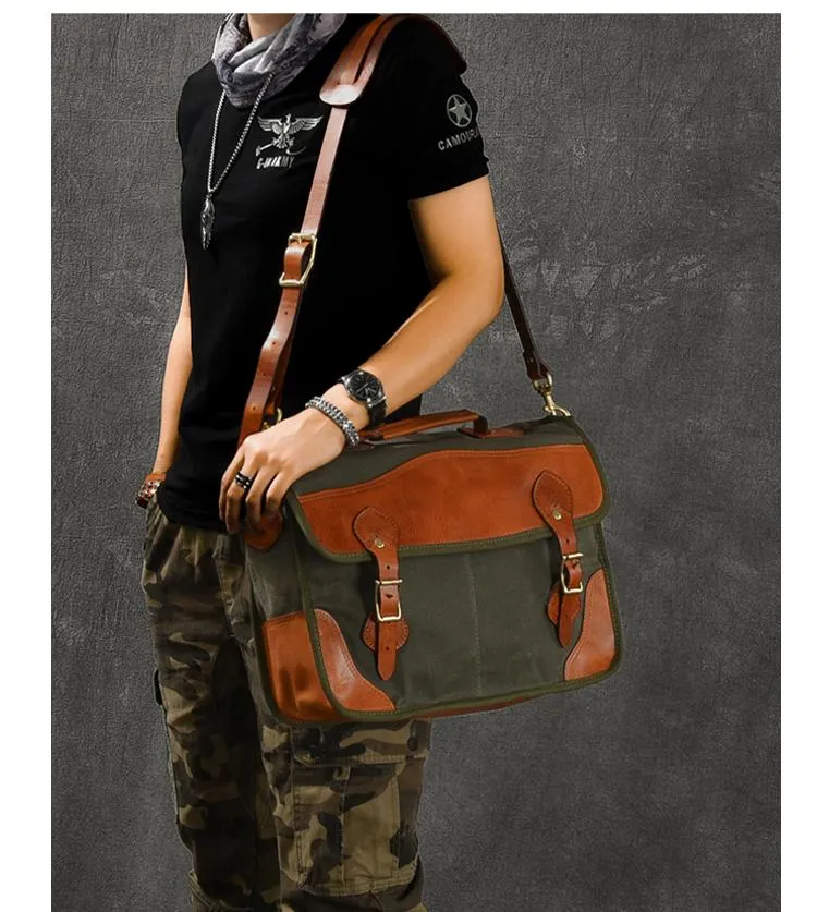 Canvas Leather Mens 14‘’ Army Green Briefcase Side Bag Retro Messenger Bag Shoulder Bag For Men