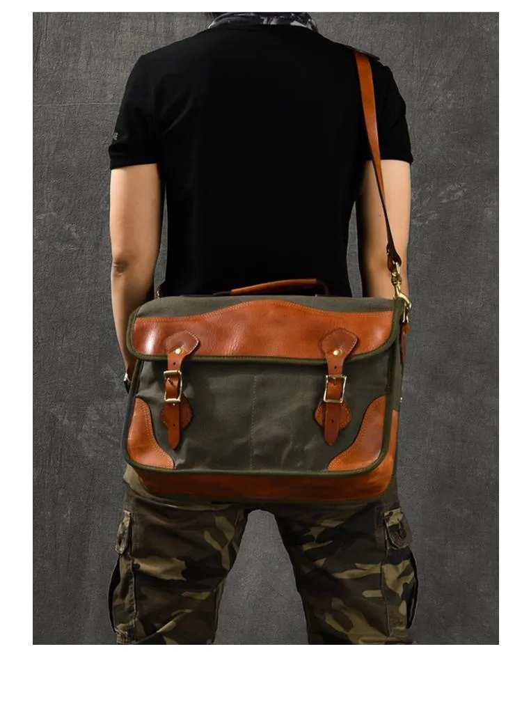 Canvas Leather Mens 14‘’ Army Green Briefcase Side Bag Retro Messenger Bag Shoulder Bag For Men