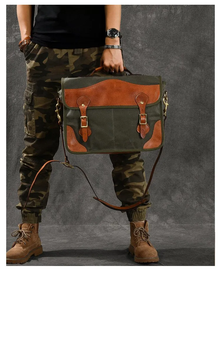 Canvas Leather Mens 14‘’ Army Green Briefcase Side Bag Retro Messenger Bag Shoulder Bag For Men