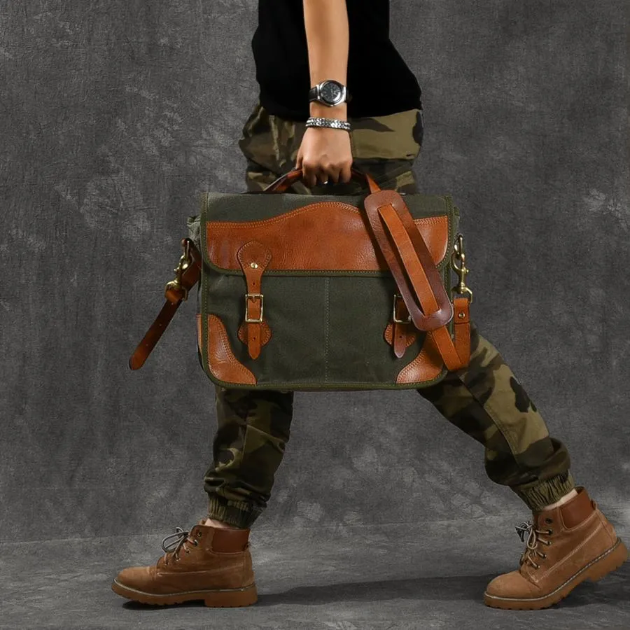 Canvas Leather Mens 14‘’ Army Green Briefcase Side Bag Retro Messenger Bag Shoulder Bag For Men