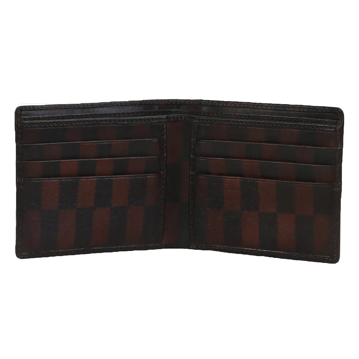 Check Design Men Wallet Hand Painted Brown Leather