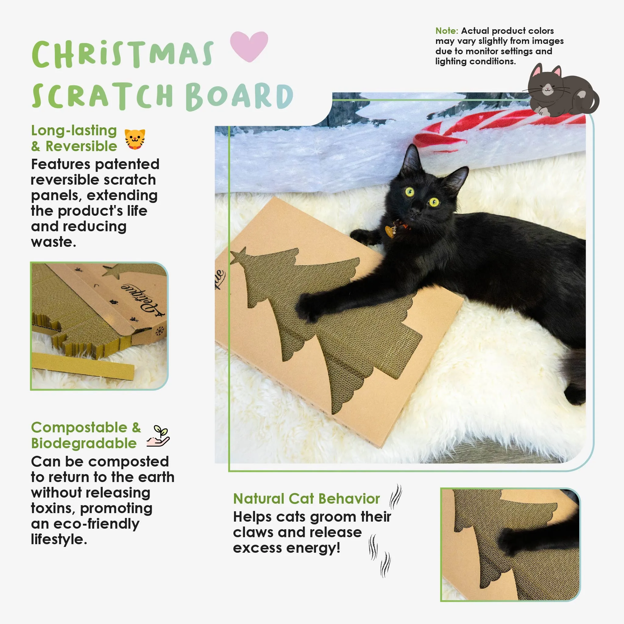 Christmas Scratch Board: Sustainable, 100% Eco-Friendly, Non-Toxic, Light & Sturdy, Reversible Panels, Compostable, Biodegradable, Patented, Long-Lasting, Reduces Waste, for Cats