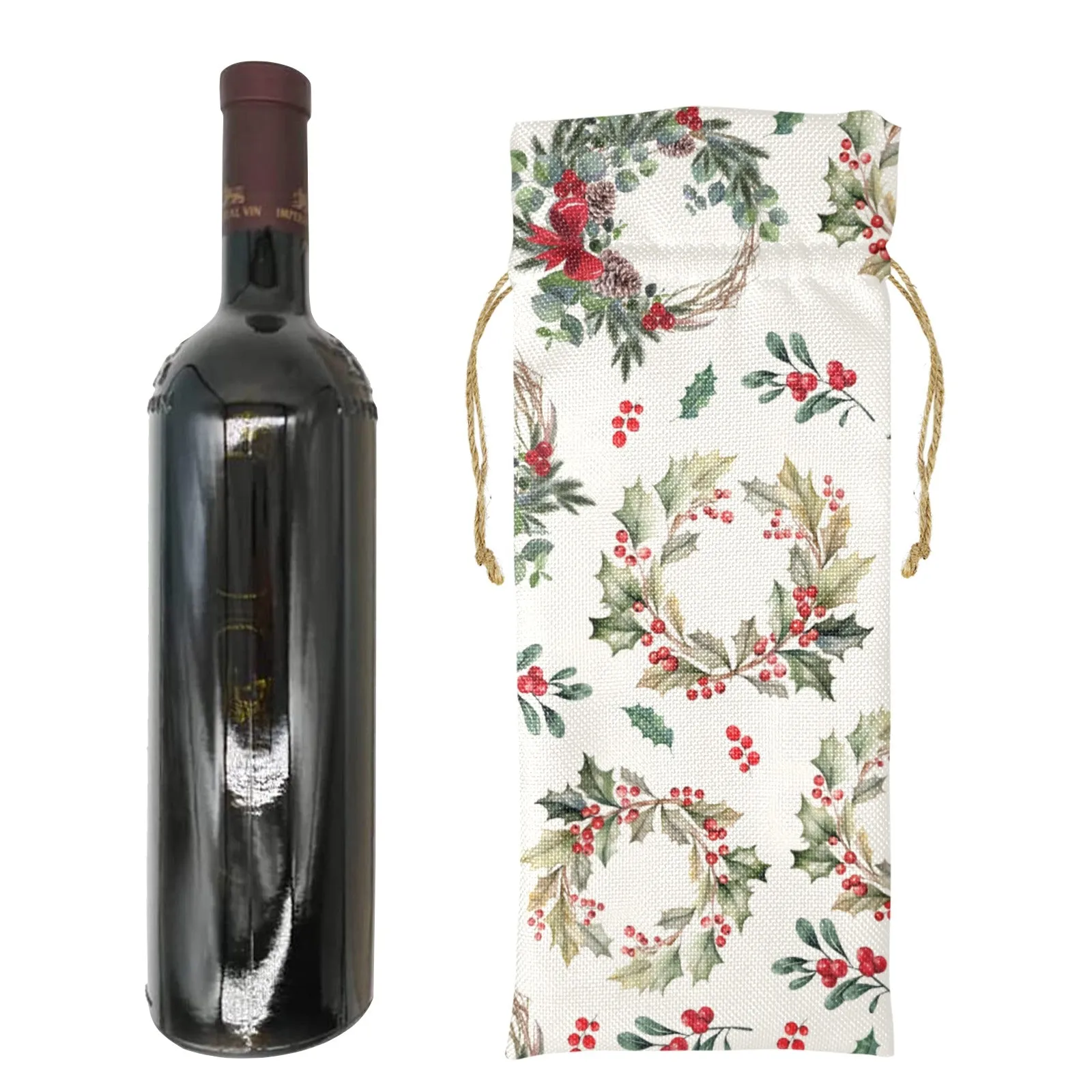 Christmas Wreath Linen Wine Bottle Bag