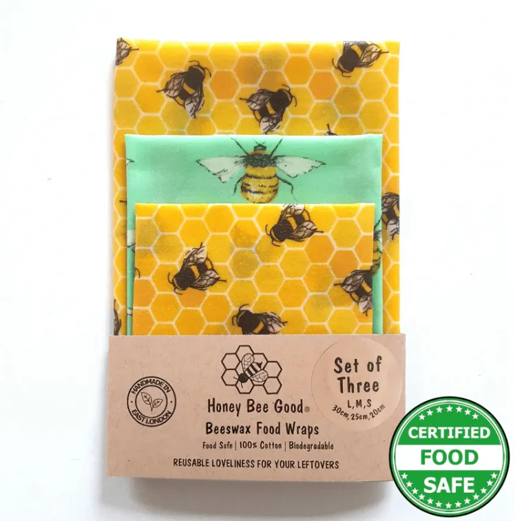 Classic Set Of 3  Beeswax Food Wraps- Set Large, Medium, Small- Bee Design