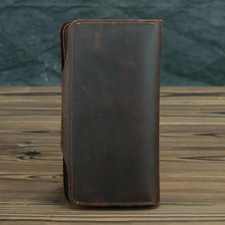 Coffee Leather Long Wallet for Men Trifold Long Wallet Leather Multi-Cards Wallet For Men