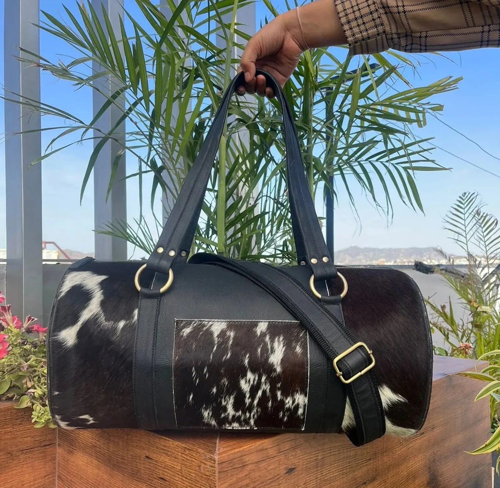 Cowhide Travel Bag With Tooled Leather