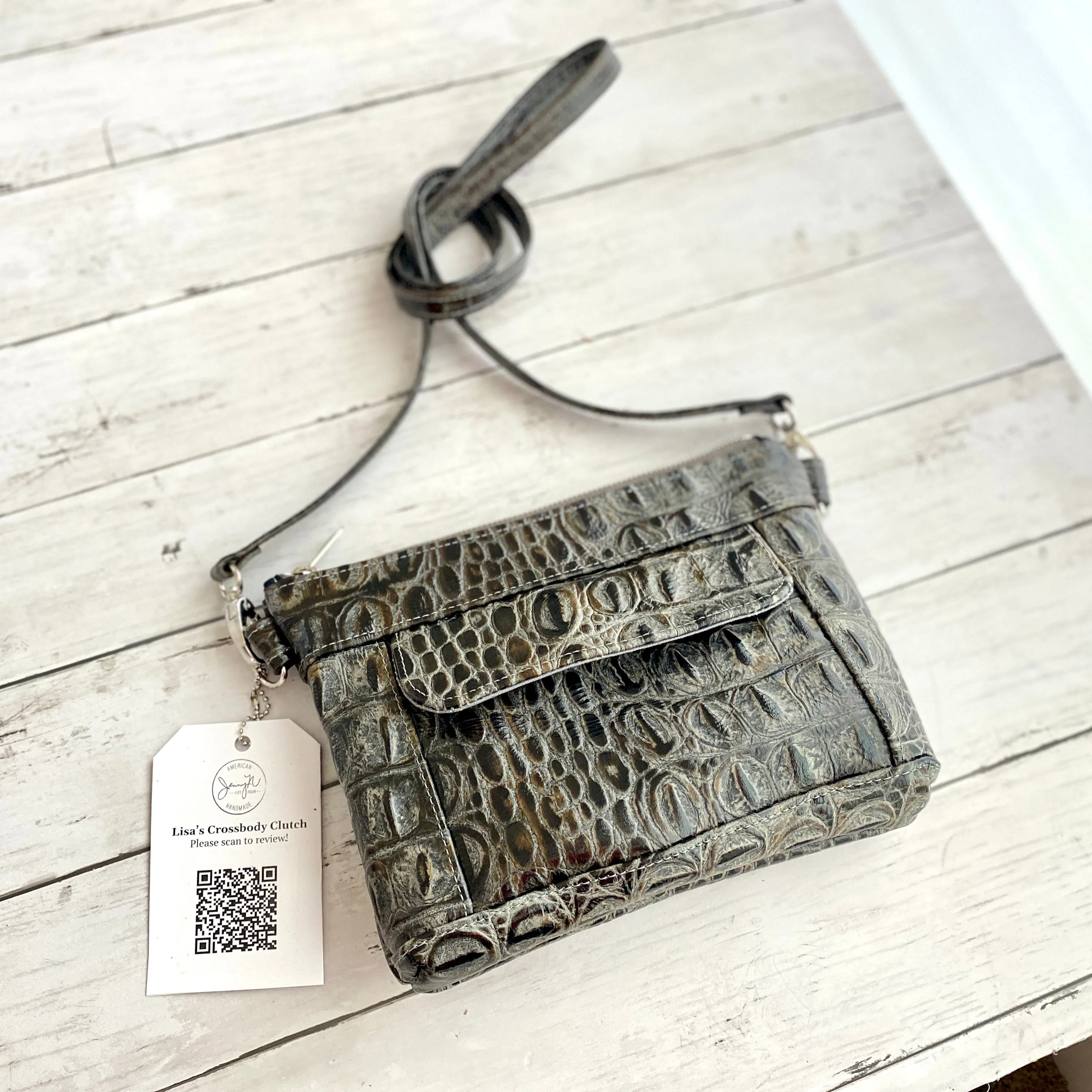 Crossbody Clutch in Rusted Iron Crocodile Emboss