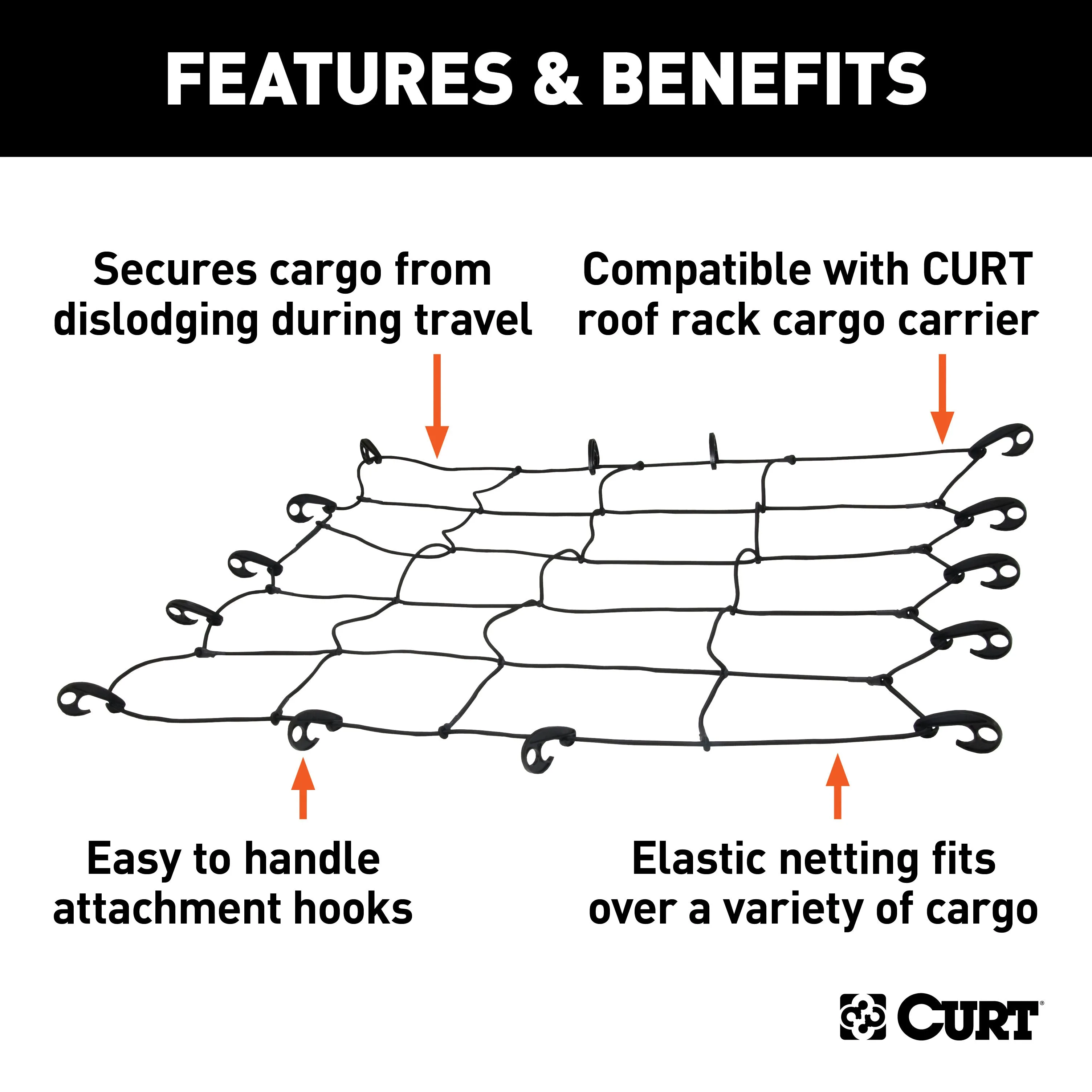 CURT 18200 CURT 18200 44 x 38-Inch Elastic Cargo Net with Hooks for Roof Basket