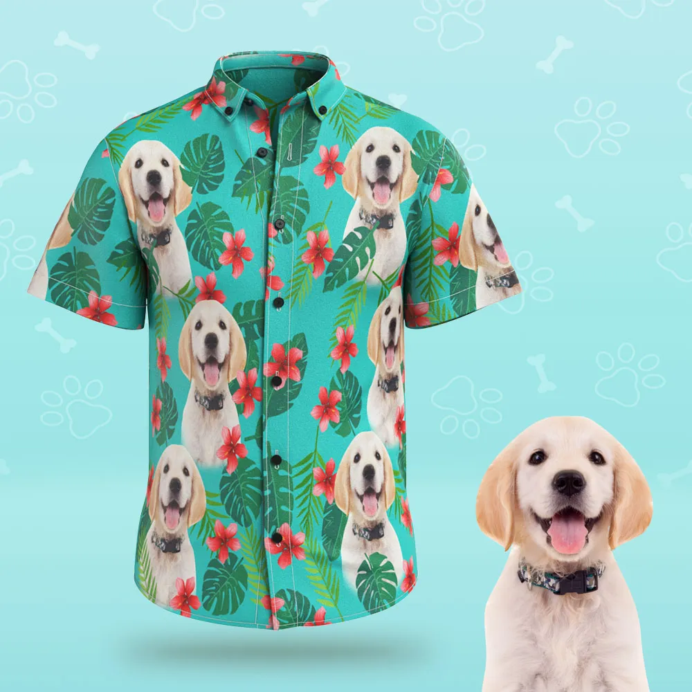 Custom Face Men Hawaiian Shirts Personalised Dog Face on a Hawaiian Shirt for Pet Lover - Green