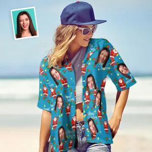 Custom Face Shirt Personalised Photo Women's Hawaiian Shirt Christmas Gift - Happy Santa