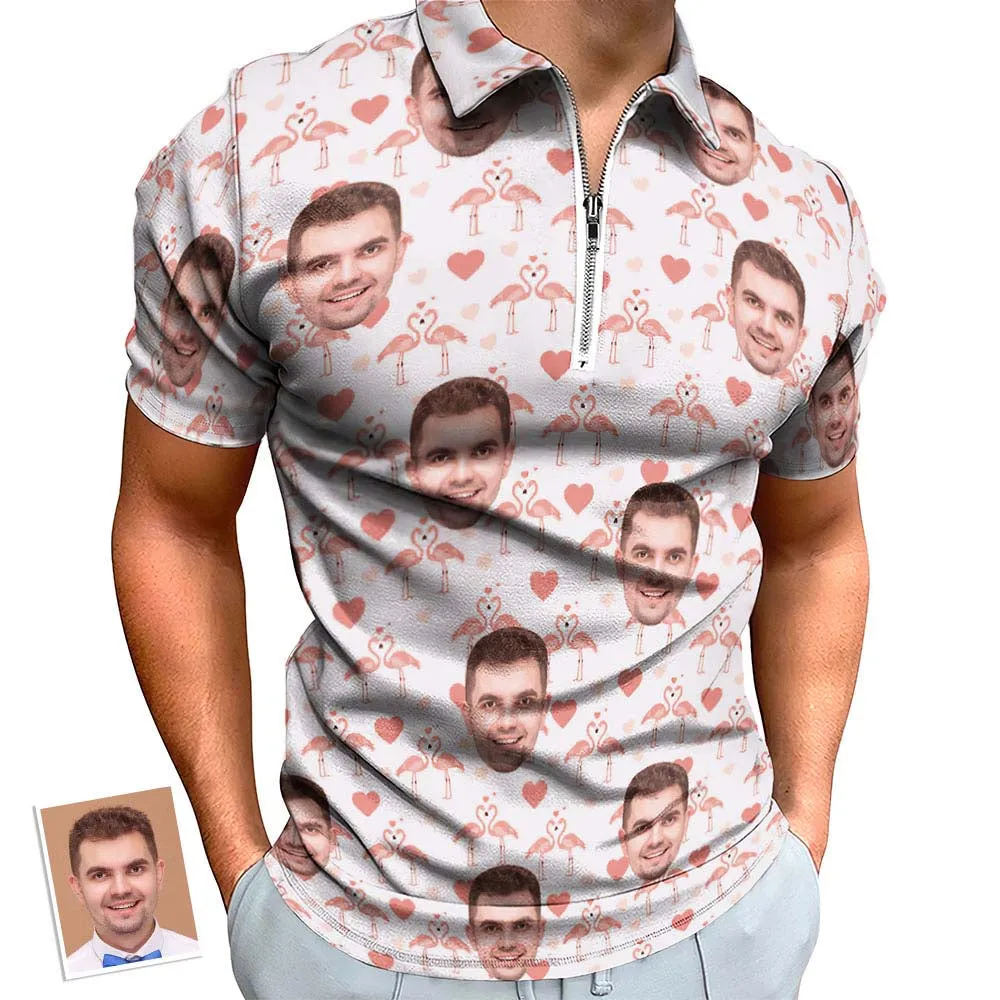 Custom Flamingo Love Men's Polo Shirt Personalised Face Funny Polo Shirt with Zipper