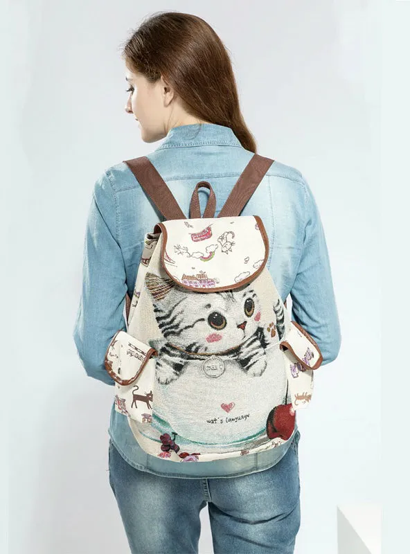 Cute Cat Backpack Women Canvas Backpack Drawstring