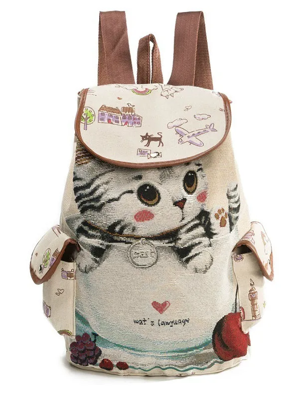 Cute Cat Backpack Women Canvas Backpack Drawstring