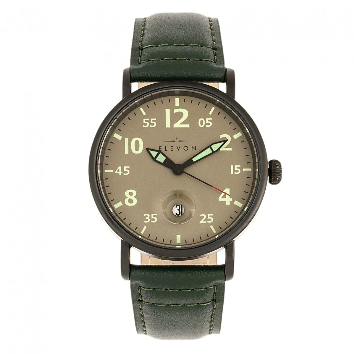 Elevon Von Braun Leather-Band Watch w/Date - Gunmetal/Green