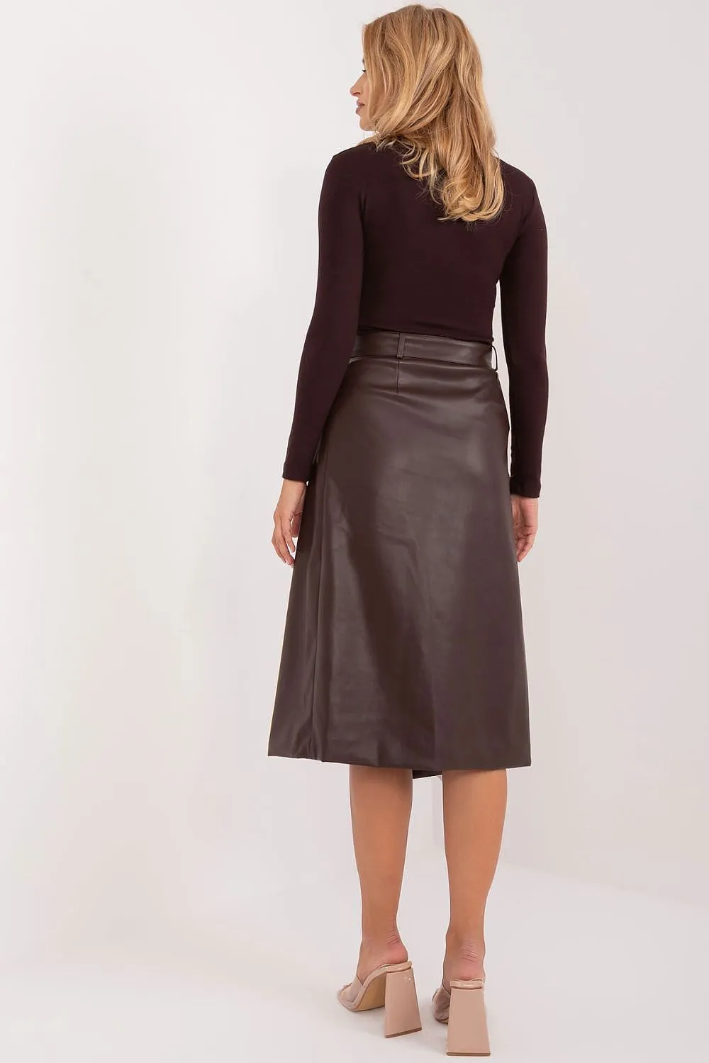 Factory Price Asymmetrical Faux Leather Belted Midi Skirt In Brown